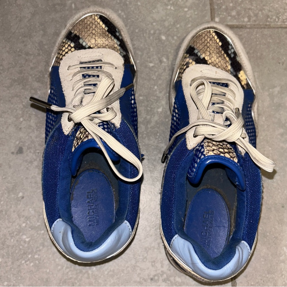 women well worn Michael Kors Blue and Cream Sneakers